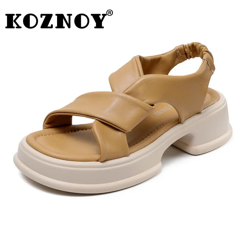 

Koznoy Wedge Sandals 5cm Genuine Leather Peep Toe Fashion Ethnic Comfy Ladies Elastic Band Mocasins Summer Women Platform Shoes
