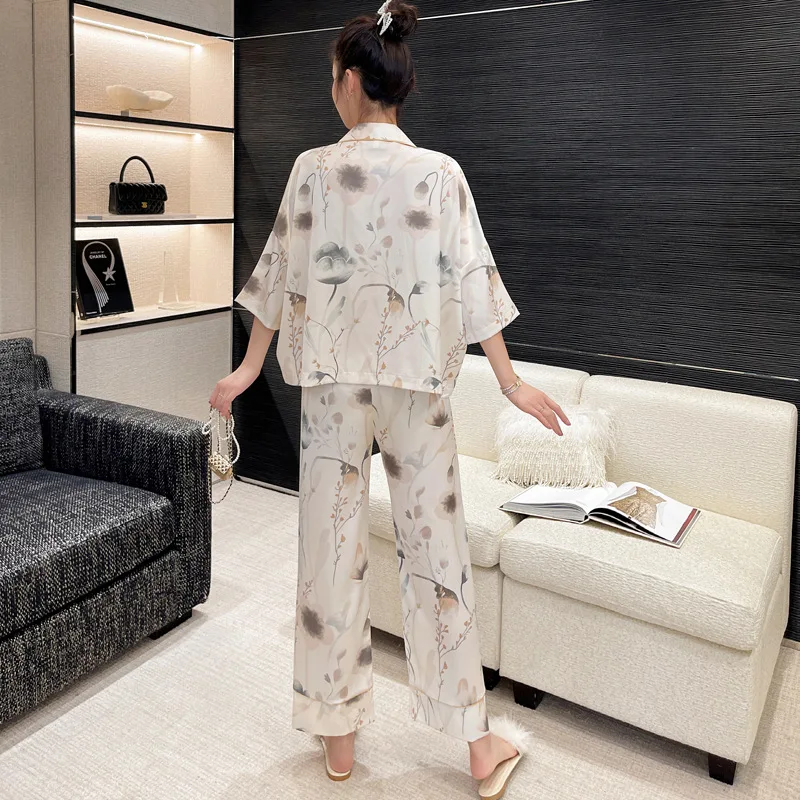 2023 New Ice Silk Pajamas Three Piece Set Women's Summer Thin Short Sleeve Set Spring and Autumn Large Homewear