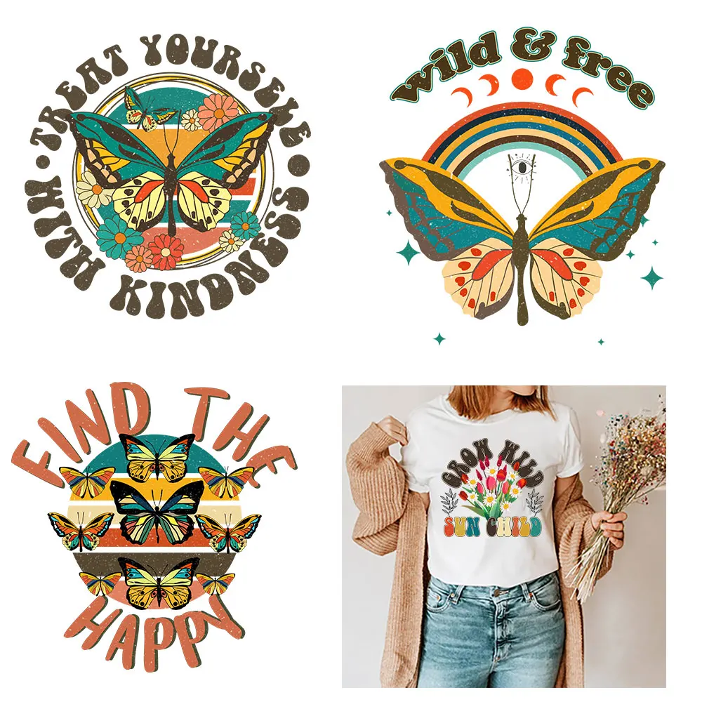 

Circle Butterfly Words Iron On Patches For Clothing Stripes Thermo Stickers Heat Transfer Woman Cloth Diy Accessory Parches Ropa