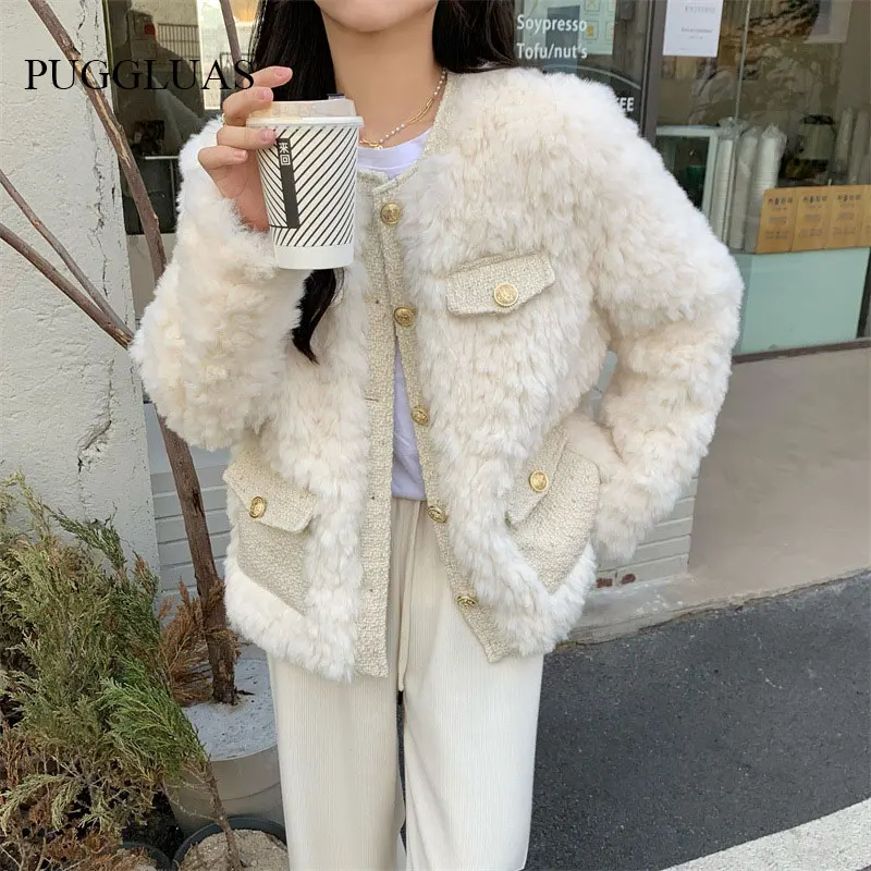 Korean Fashion Design Plush Coat Women Elegant Round Neck Long Sleeve Faux Rabbit Fur Coat Fall Winter Vintage Patchwork Outwear