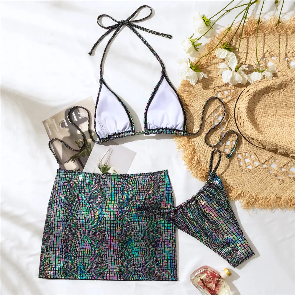 Купальник со змеиным принтом искусственная кожа накидка стринги халтер