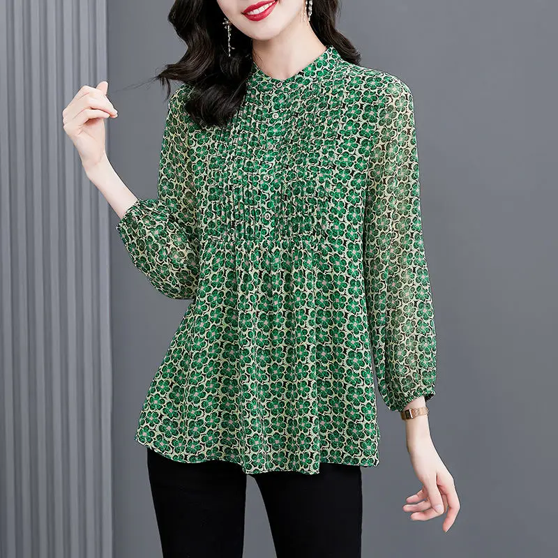 Женская шифоновая блузка с цветочным принтом зеленая Повседневная Блузка