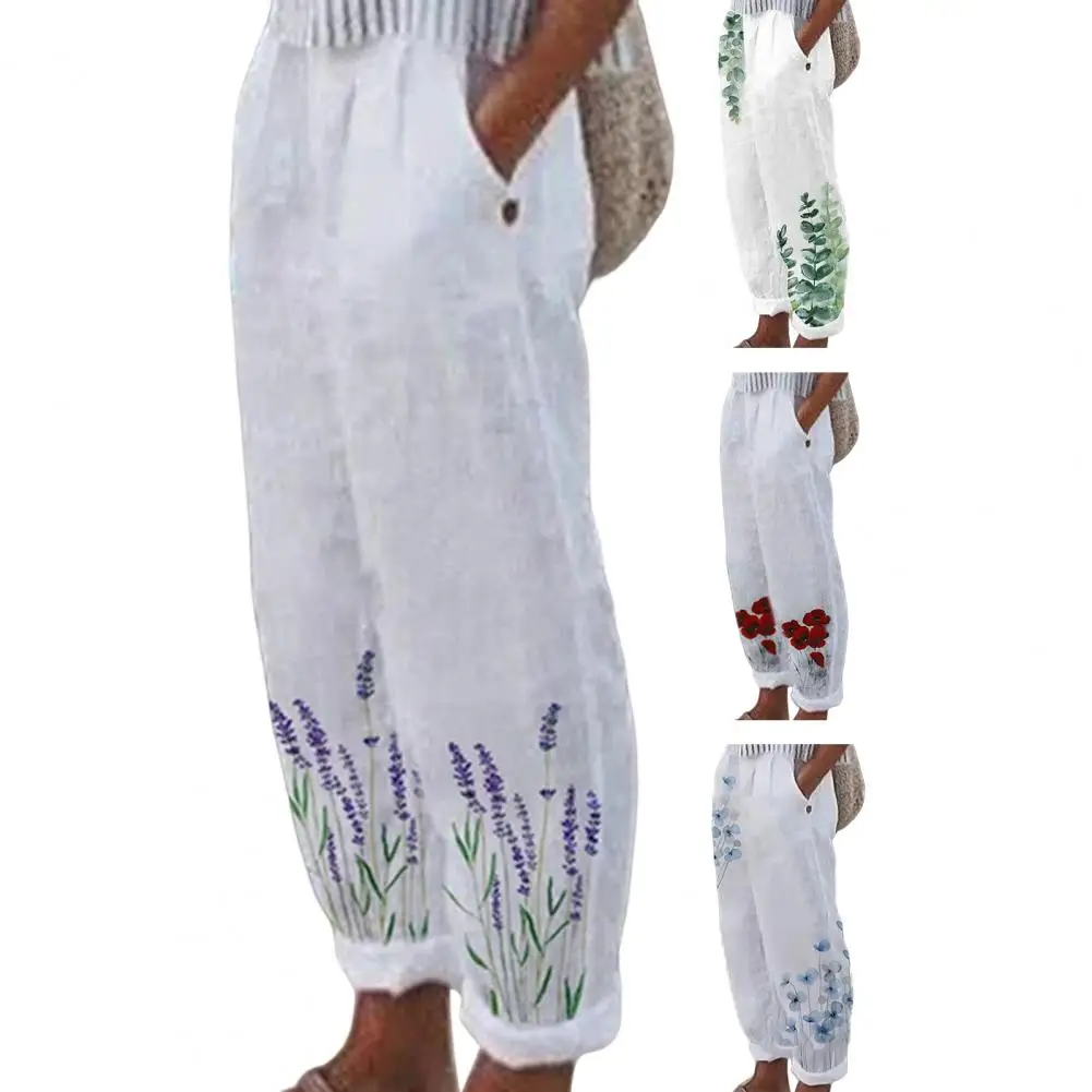 Cotton Linen Elastic High Waist Pants Women Summer Floral Print Loose Thin Work Vintage Wide Legs Pockets Female Trousers