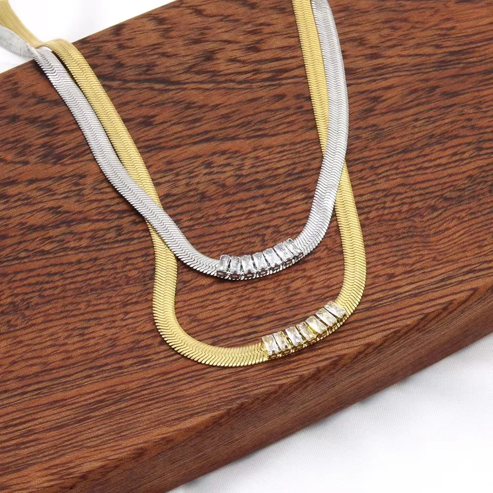 

Stainless Steel Jewelry Snake Chain for Women Shiny Zircon Necklace Fashion Natural Stone Choker Collars Accessory