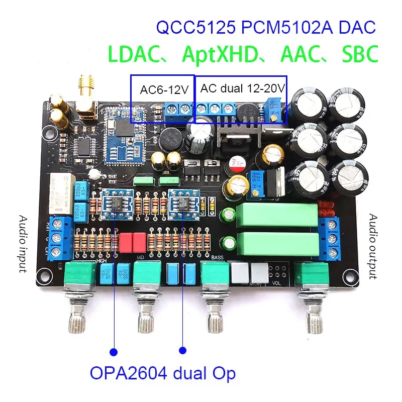 DLHiFi QCC5125 Bluetooth 5.1 HiFi LDAC APTX HD 24-битный 96k тональный предусилитель OPA2604 двойной