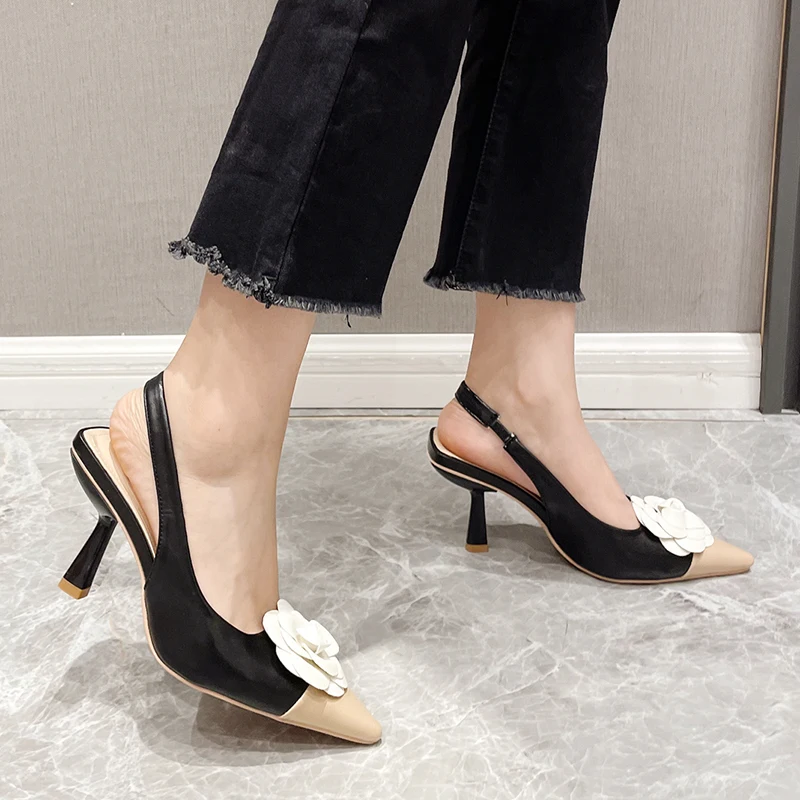 NIUFUNI Pointed Toe Camellia Elastic Strap Slingback Woman Sandals Mixed Color PU Leather Simple Dress Shoes Women's Pump Summer