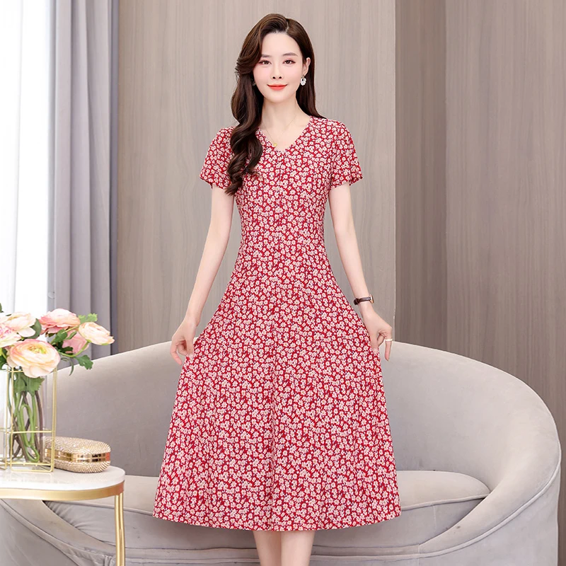 

Beardon Women's Summer V-neck Slim A-line Dress Fragmented Flower Dress Printed Fashion Medium Length Large Swing Skirt
