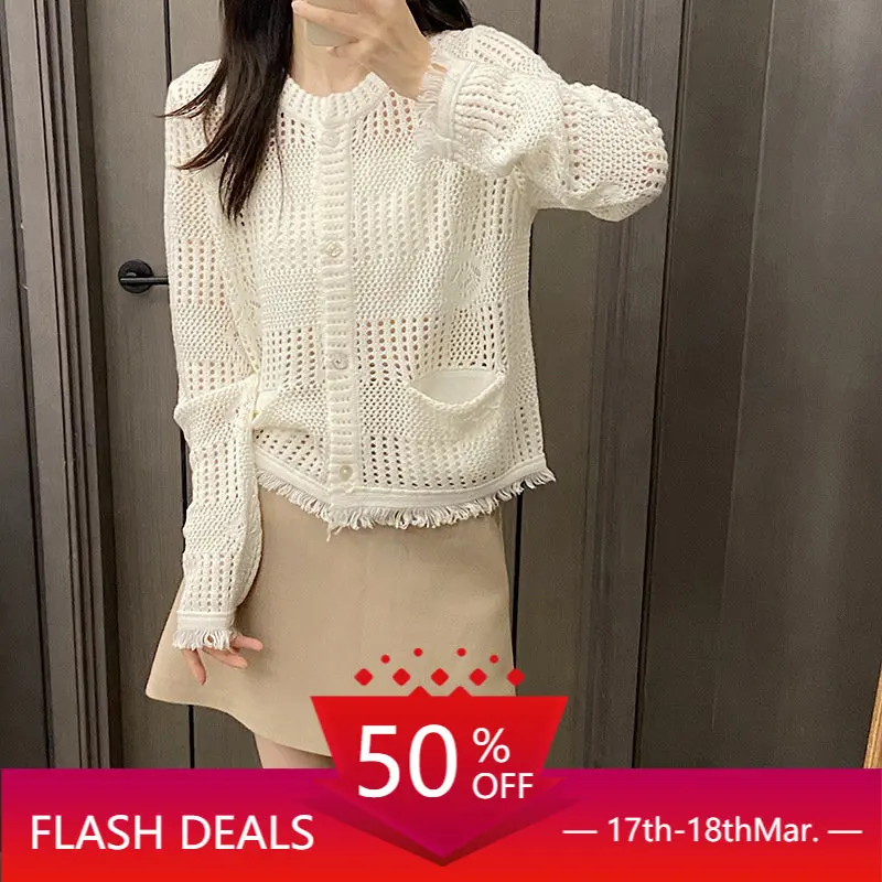 

Fashion Temperament Design Sense Niche Top White Long Sleeve Openwork Crochet Knit Cardigan Women's Early Autumn Thin Model