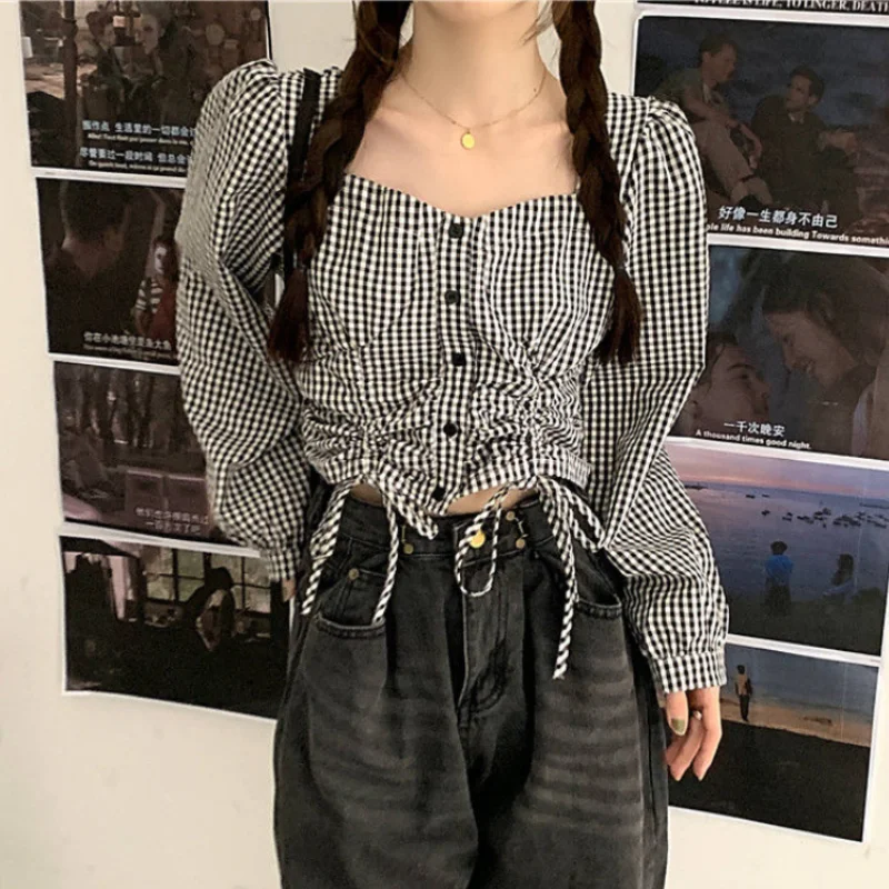 

Deeptown Harajuku Fashion Plaid Crop Shirts Women Korean Streetwear Drawstring Tops Kpop Oversize Long Sleeve Checkered Blouses