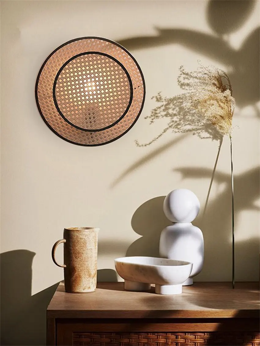 

Japanese-style rattan mesh wall lamps bedroom aisle living room Silent wind art deco designer pastoral handmade sconces lights