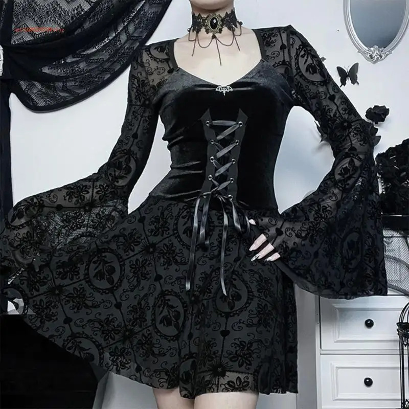 

Gothic Bodycon Dresses Front Chest Strap Tied Vintage Dark Flocking Long Skirt