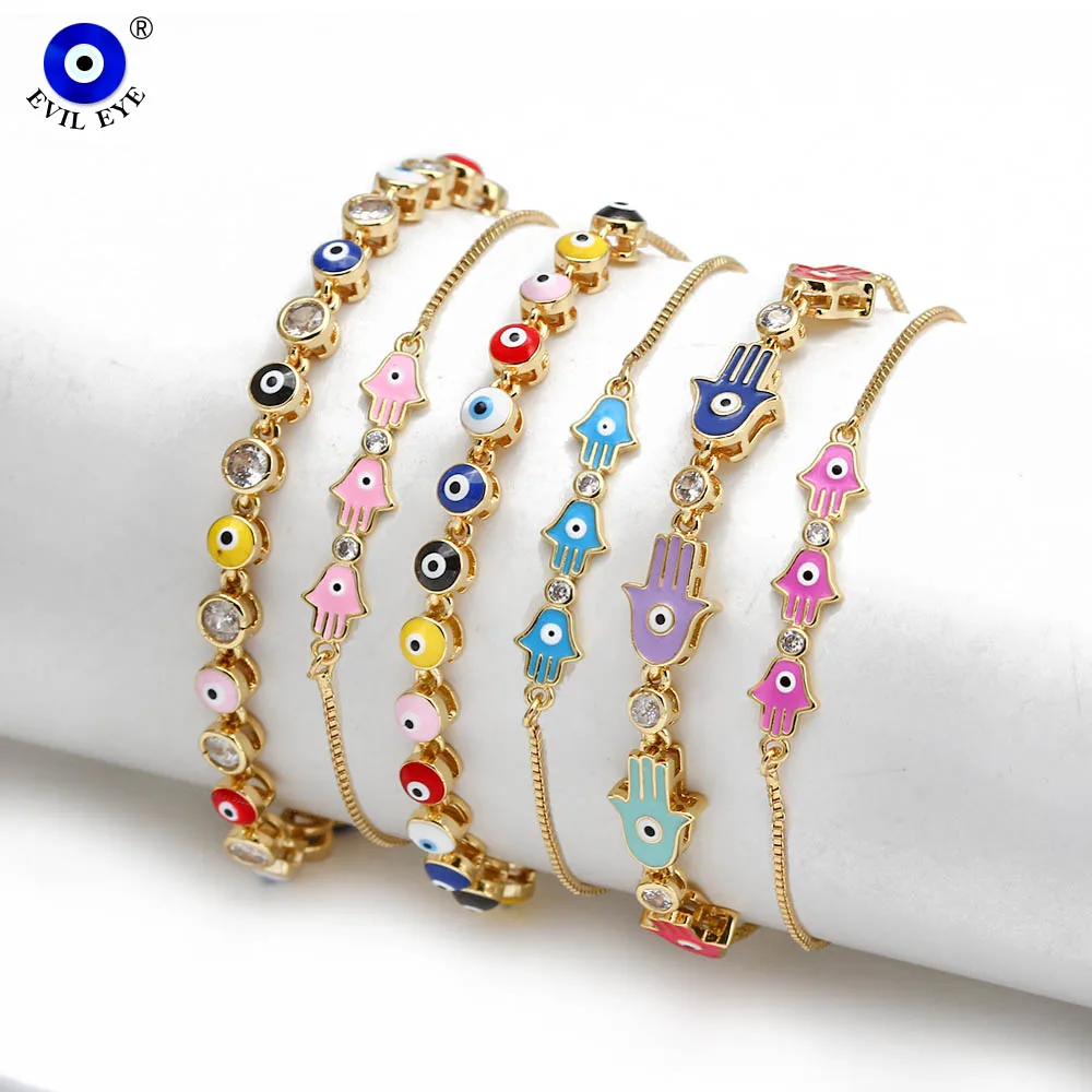 EVIL EYE Colorful Fatima Hand Charm Bracelet Adjustable Dainty Chain Turkish Evil Eye Bracelet Jewelry for Women Girls Men BE656