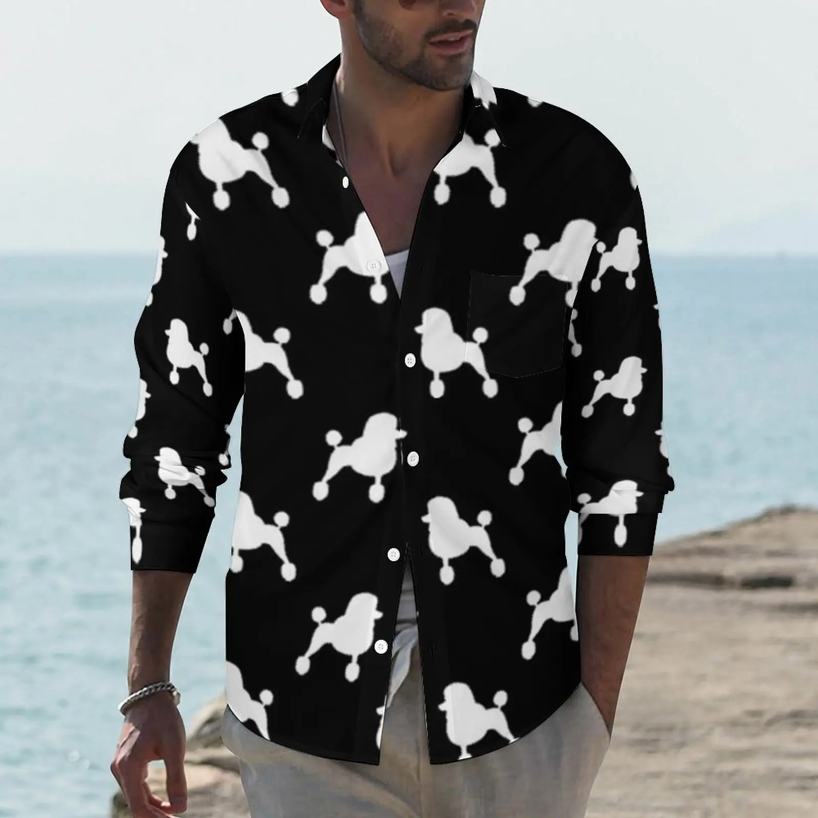 

Cute Dog Print Shirt Spring Standard Poodle Silhouette Casual Shirts Men Vintage Blouses Long Sleeve Custom Funny Tops Plus Size
