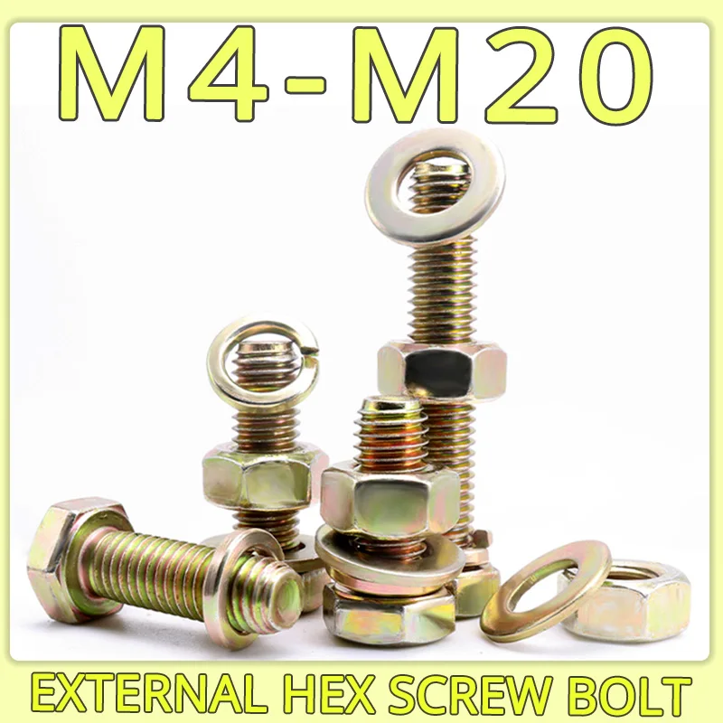 

M4-M20 External Hex Hexagonal Screw Rod Flat Elastic Pad Gasket Washers Combination Bolt Nut Set Color Zinc Plating 8.8 Grade