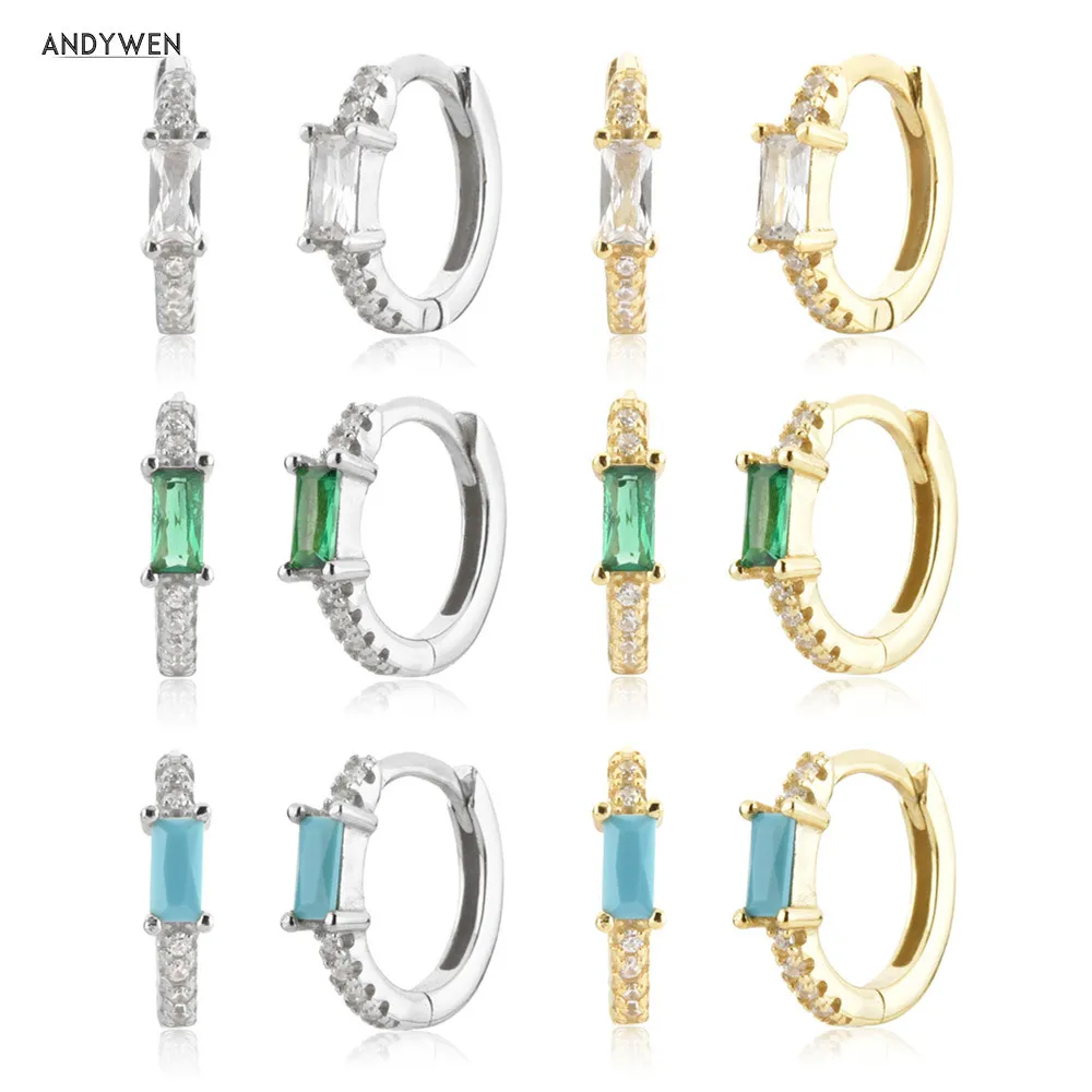 

ANDYWEN 925 Sterling Silver Gold Clear Green Turquoise Zircon Huggies Circle Pave Pendientes Clips Rock Punk Jewelry Round