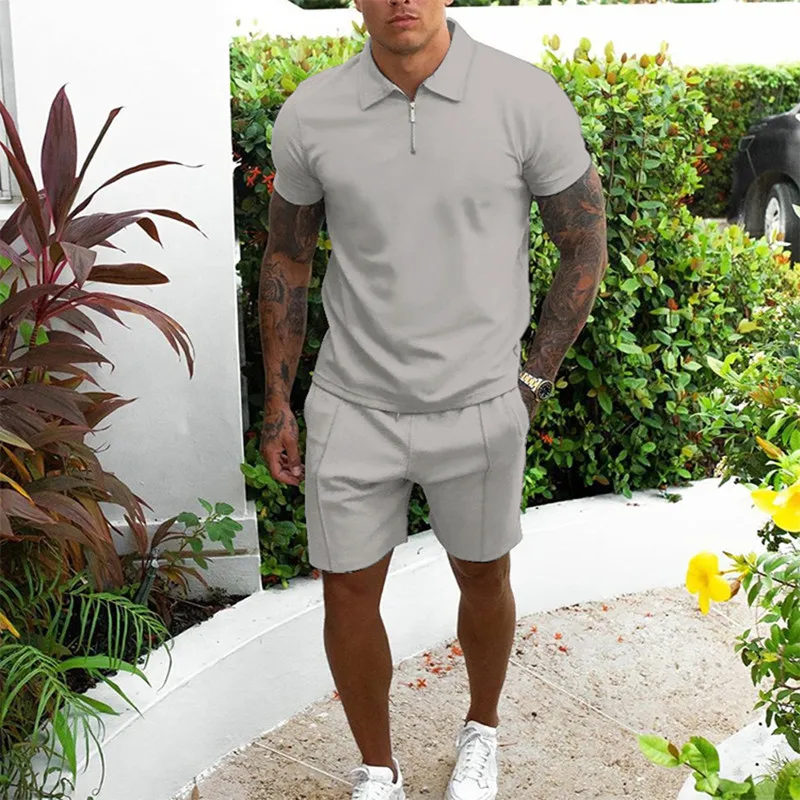 Summer Suits for Men Sets Causal Short Sleeve Polo Shirts Sportswear Shorts  V-neck Zipper T-shirt Classic Solid Color ​2-piece