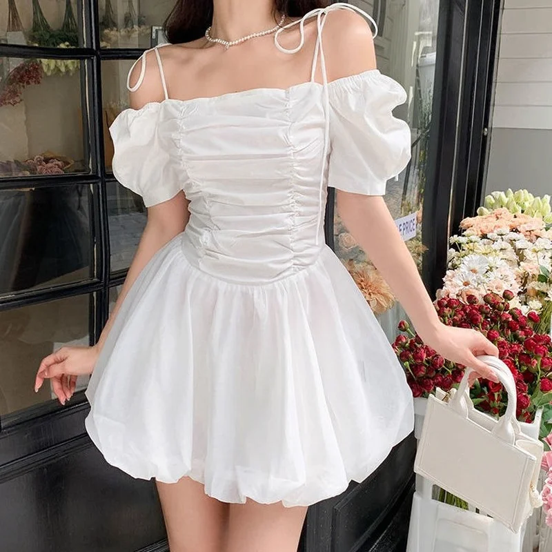 

French off-the-shoulder white dress summer puff sleeve slip dress Casual Retro Solid Color Fairy Dress 2022