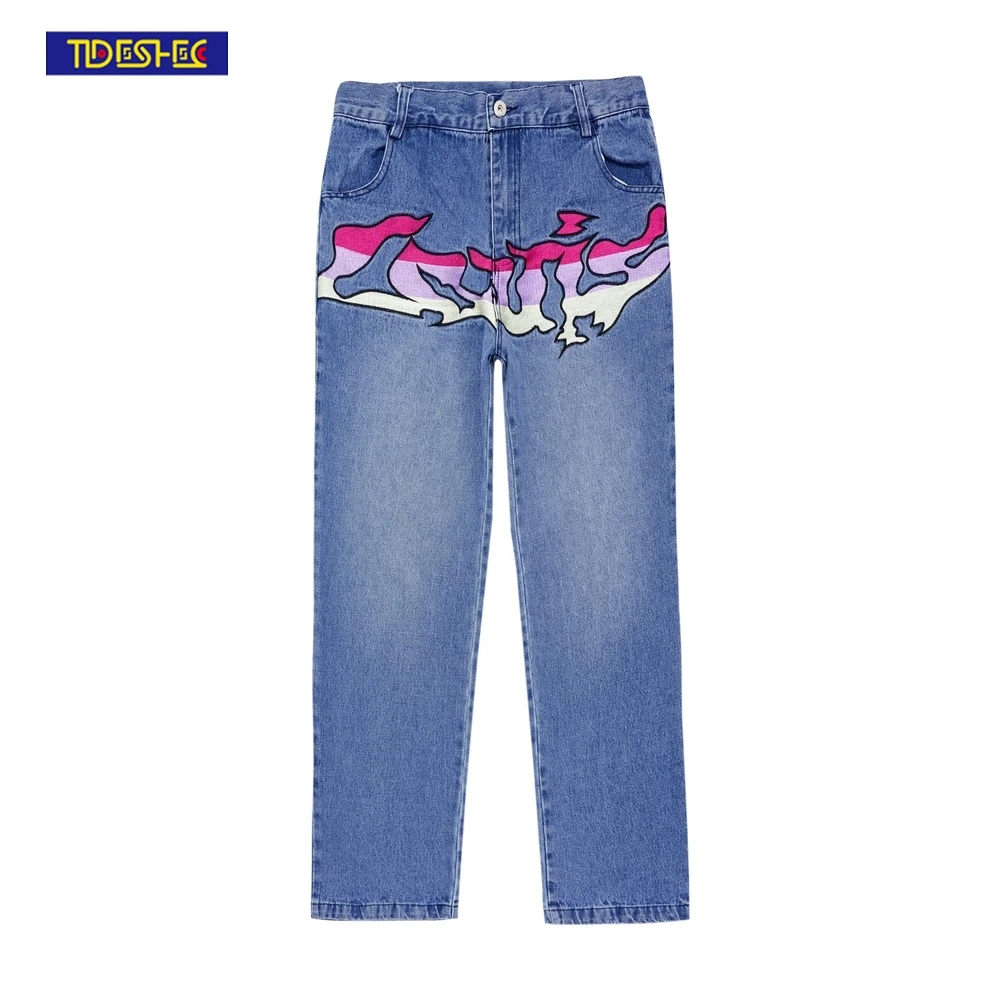 

TIDESHEC 2022 Retro Streetwear Mens Denim Pants Distressed Colorful Embroidered Letters Washed Jeans Oversized Straight Pants