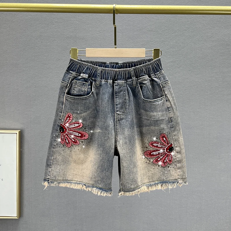 

Women's Shorts 2023 Summer New High Waist Loose Versatile Embroidered Jeans Shorts Female Hot Pants Elastic Waist Jean Shorts