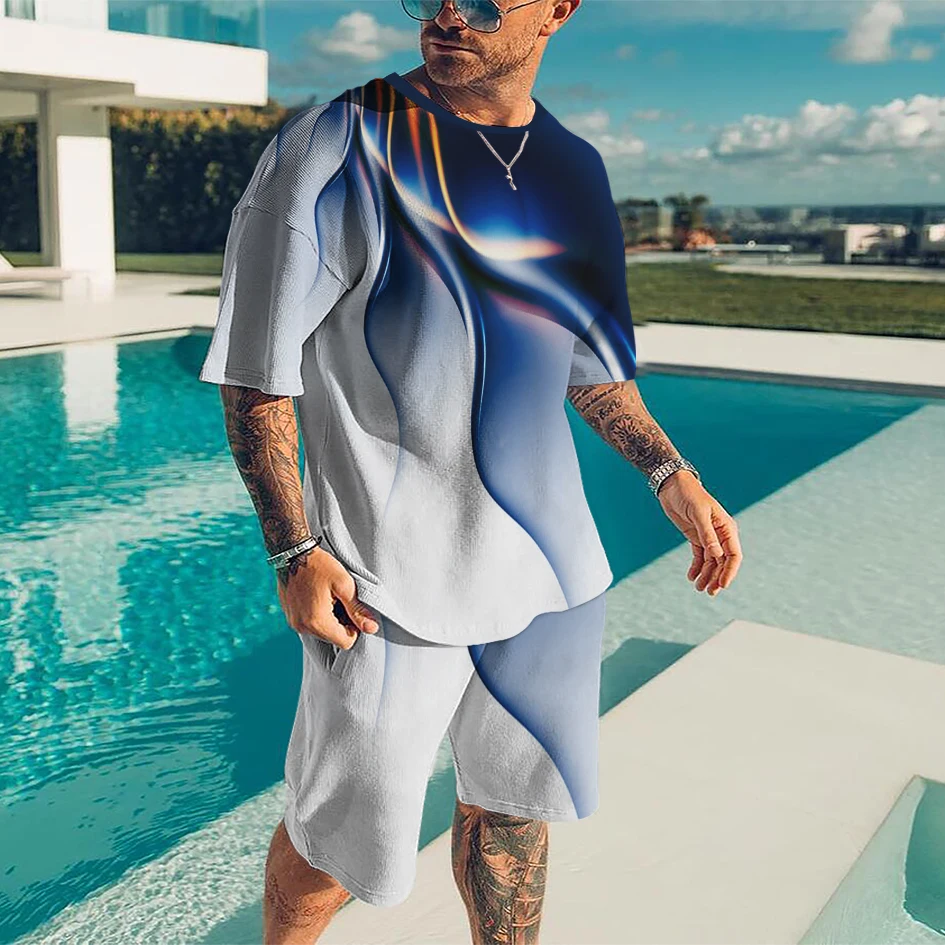

Summer Men's 3D Retro Printed Short Sleeve T-Shirt + Shorts 2-Piece Comfortable Breathable Oversized Round Neck Suit
