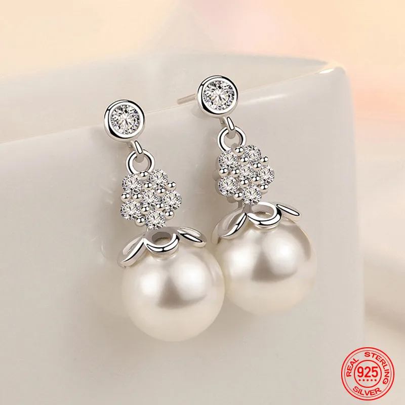 

925 Sterling Silver Flower Pearl Drop Earring For Women Fashion Wedding Jewelry Accessories