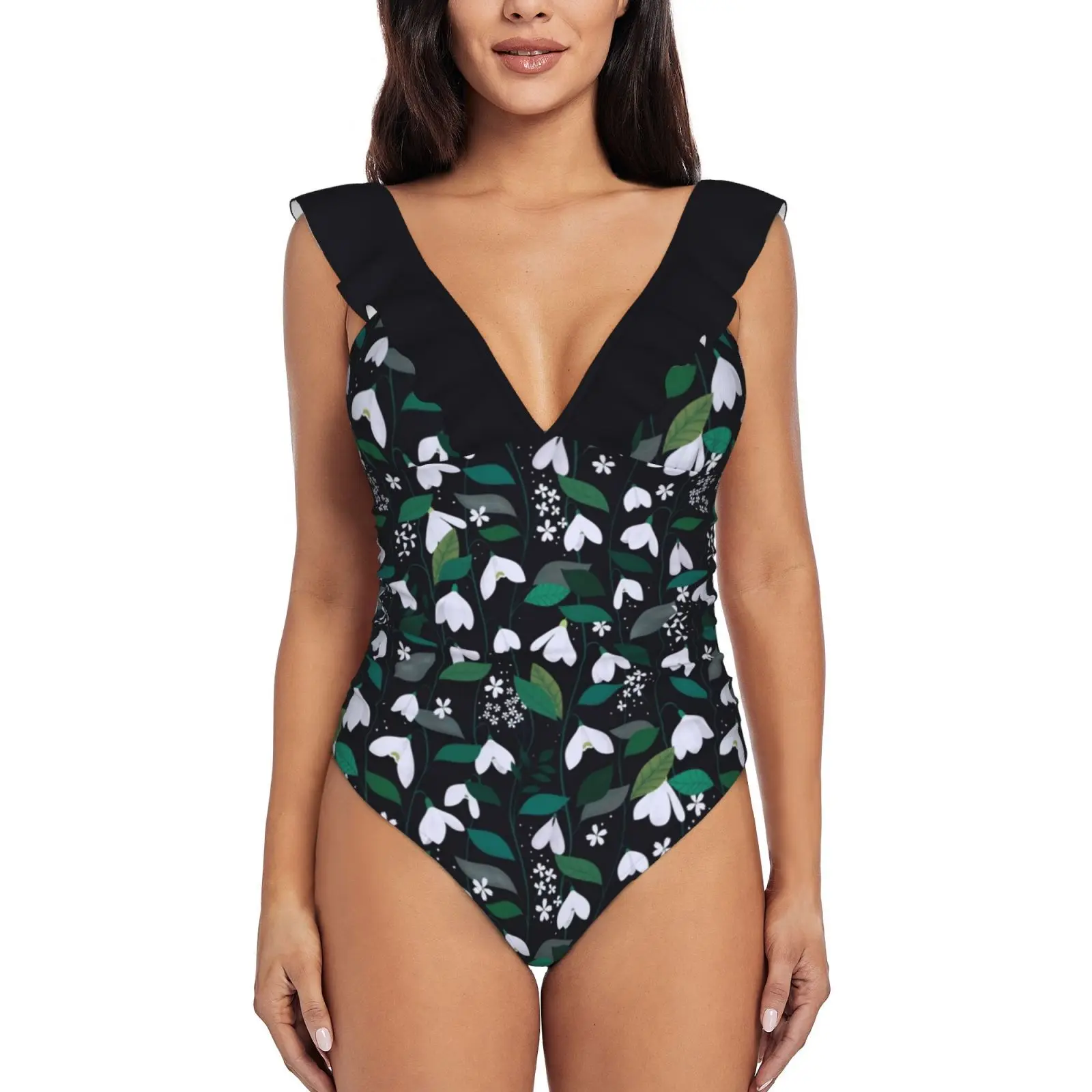 

Снежный слитный купальник, женские купальные костюмы с рюшами, новинка, пляжный купальник для девочек, зимний праздничный купальник с цвето...