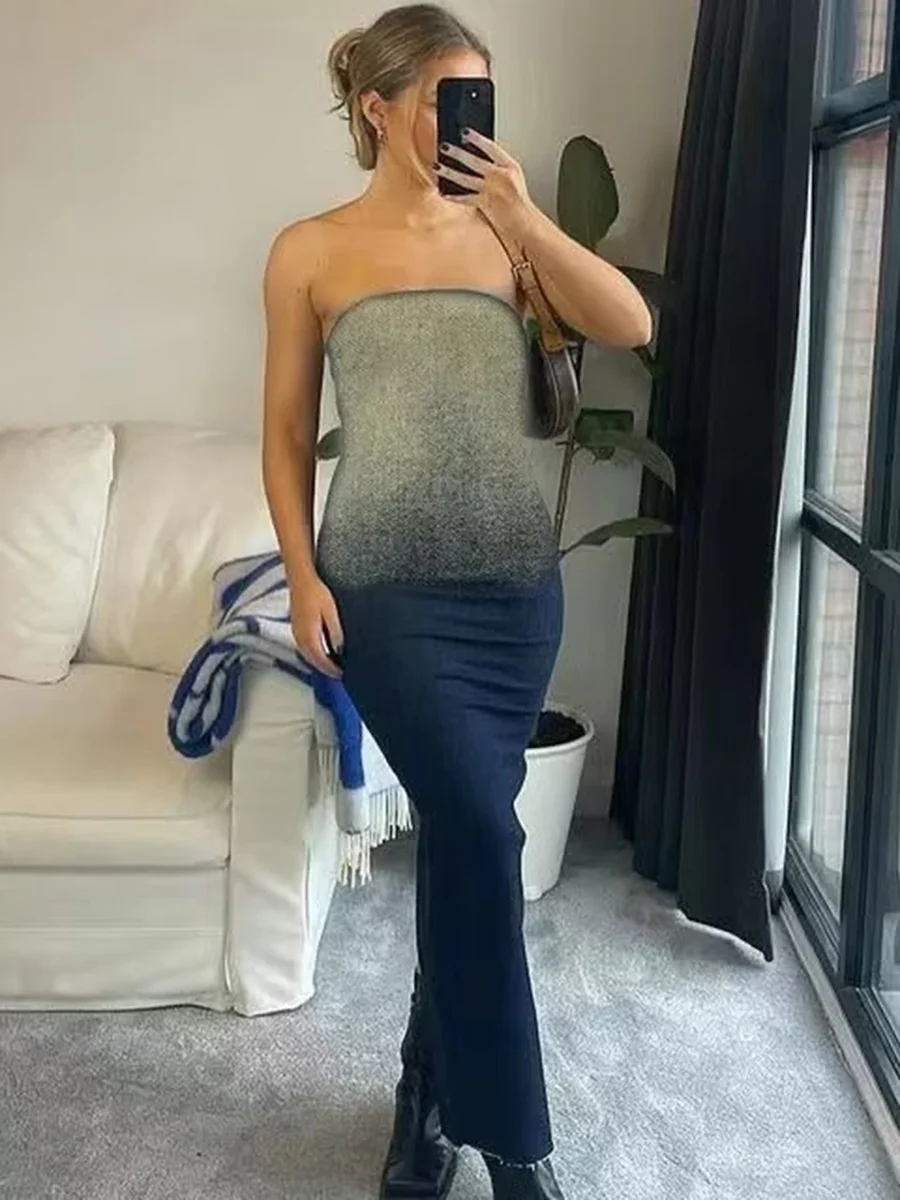 

Женское платье средней длины с градиентным разрезом сзади, летнее винтажное привлекательное облегающее платье без бретелек с разрезом сзади, вечернее платье 2023