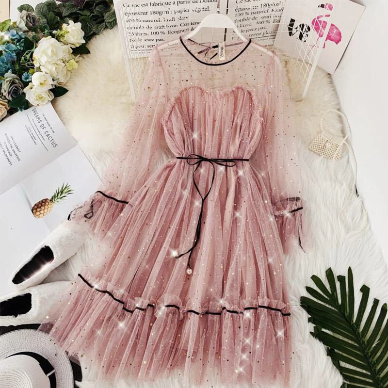 

Vintage French Gentle Sweet Wind Fairy Dress Sparkly Sequin Mesh Lace First Love Girl Dress