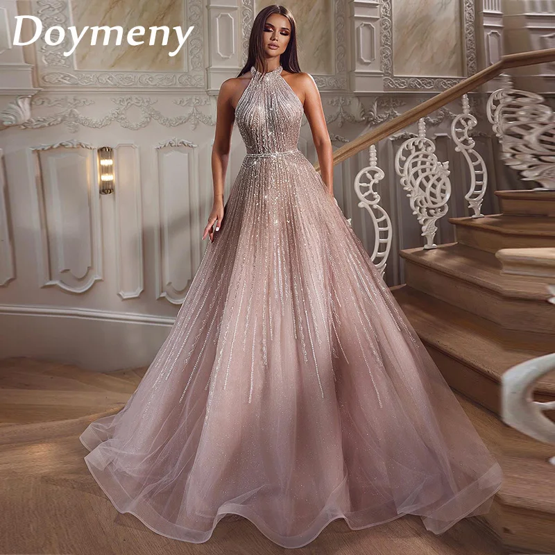 

Женское блестящее коктейльное платье Doymeny с бисером, официальное вечернее платье с лямкой на шее, платье для вечеринки