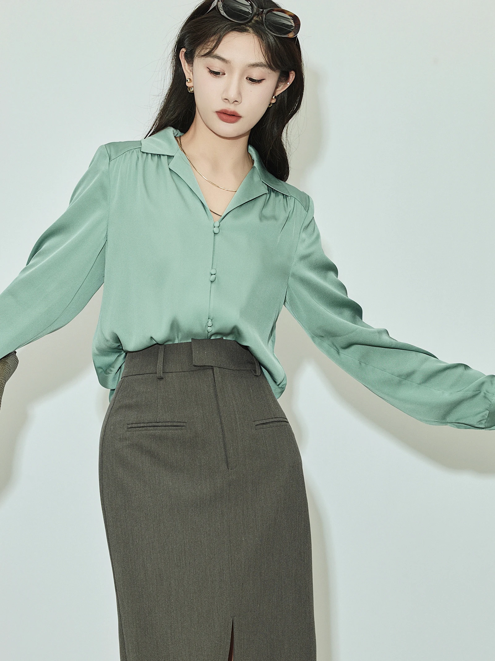 Daxi Self-Made [В наличии] Рубашка Флора Поло Повседневная шелковая рубашка Женские