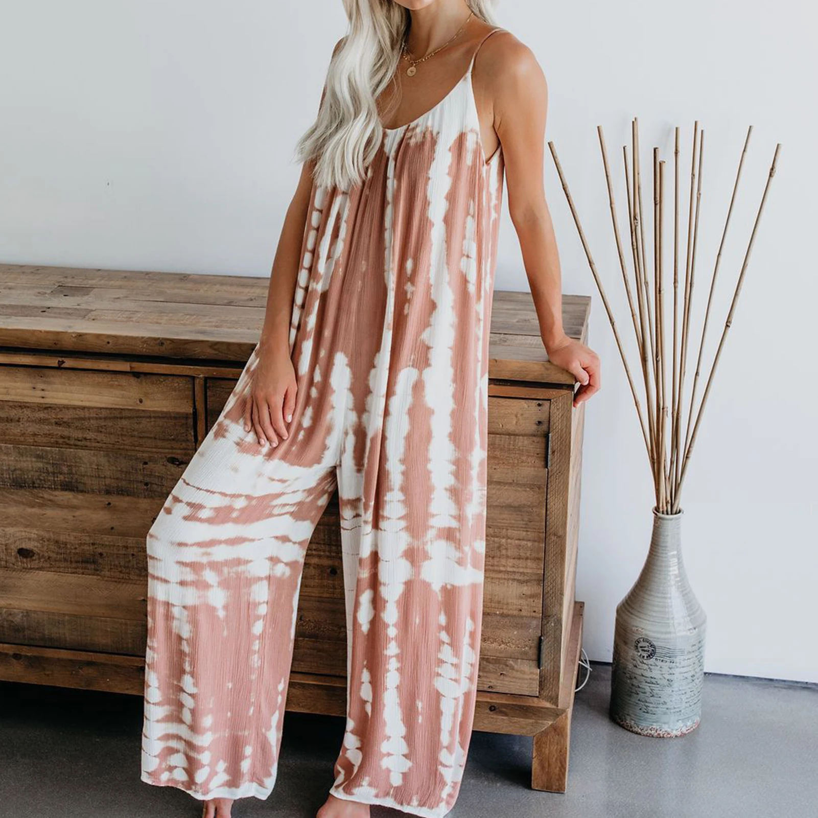 Retro Tie Dyed Long Jumpsuit Women 2023 Summer Sling O neck Backless Wide Leg Rompers Fashion Casual Sleeveless Loose Jumpsuits