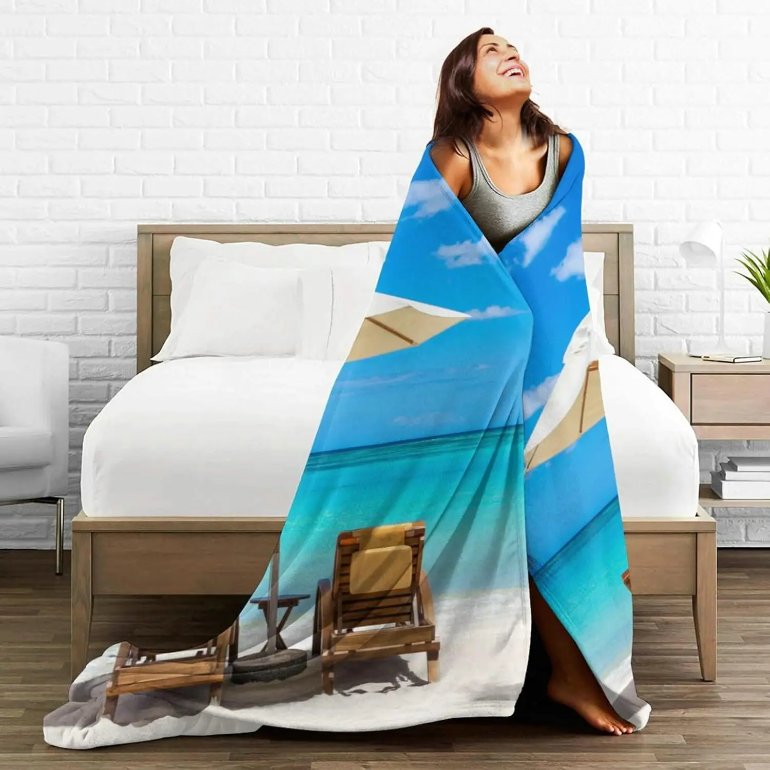 HGOD DESIGNS Manta de playa turquesa con arena blanca y palmeras suave cálida acogedora mullida mujeresy niños