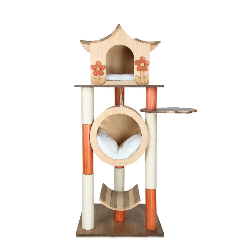 

New custom wooden cat jumping platform solid wood cat villa felt pet nest cat tunnel