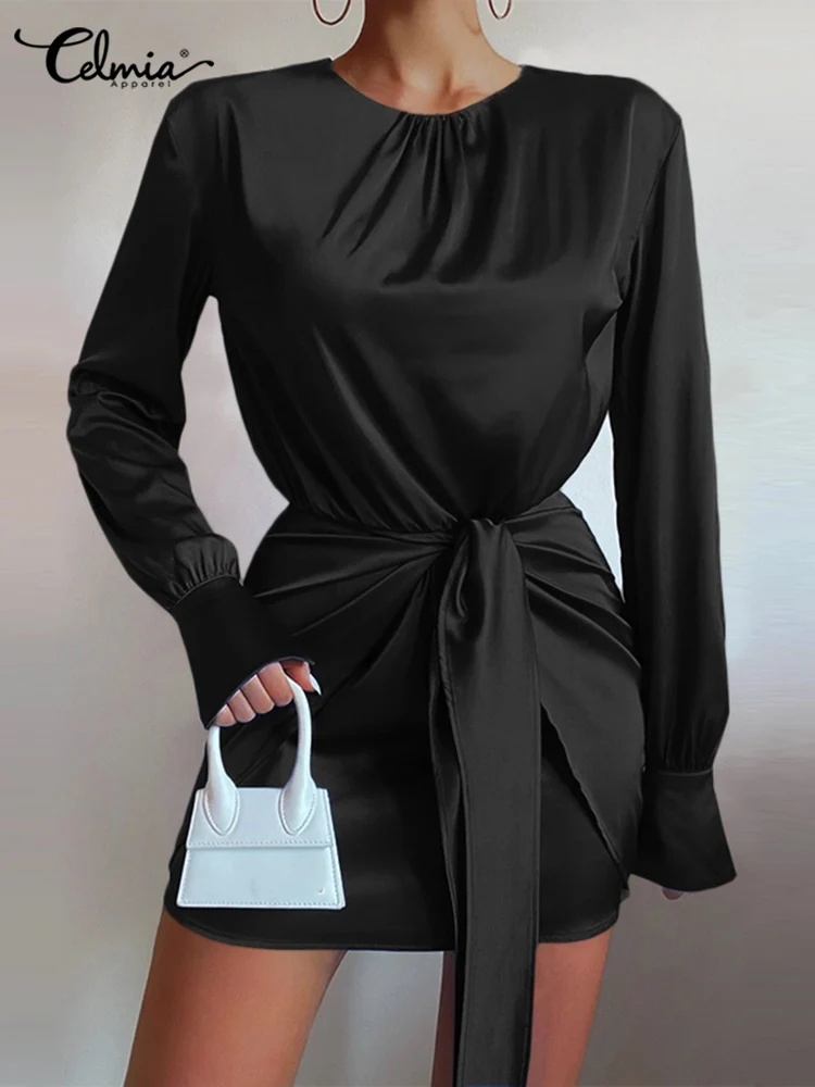 

Celmia Elegant Long Sleeve Party Vestido Shirred O-neck 2022 Fashion Tight-fit Satin Mini Dress Women Waist Bandage Evening Robe
