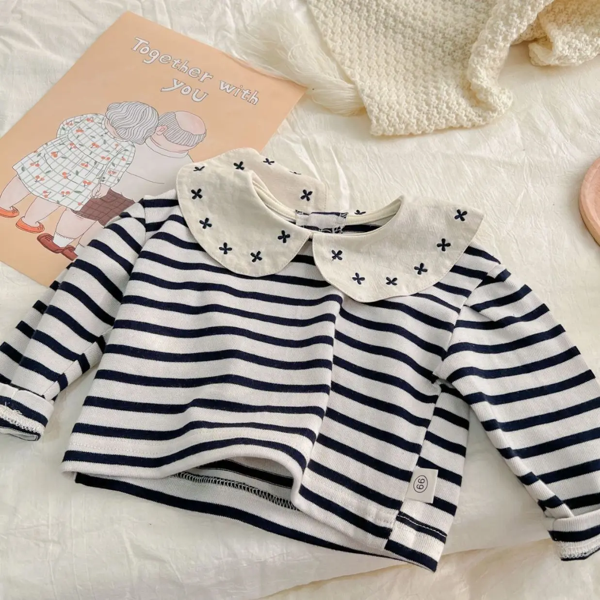 

Baby Girls Long Sleeve T-shirt 2022 Cotton Spring Autumn Cute Doll Collar Lady Tops Outfits Toddler Striped Embroidery Shirts