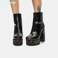 fire pattern platform boots rear zipper round toe square heels fashion martin boots plus size patent leather sexy women shoes