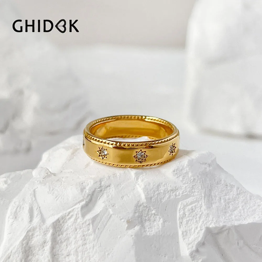 

Ghidbk Stainless Steel Solid 18K Gold Plated Cz North Star Band Ring for Women Dainty Starburst Stacking Jewelry Everyday