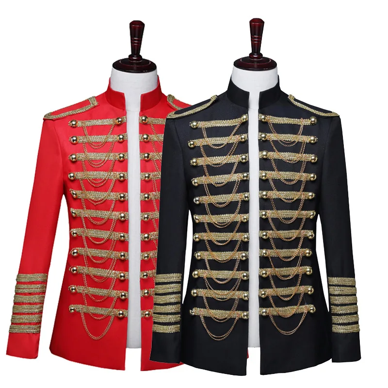 

Mens Hussar Jacket Artillery Tunic Military Parade Uniform Drummer Steampunk Tops Coat Party Wedding DJ Performance Suit Jackets