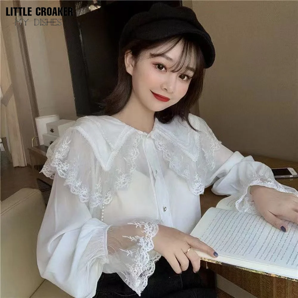 

Neploe Korean Elegant Lace Patchwork Blouse Women Peter Pan Collar Pullover Long Sleeve Cute Blusas Solid Color Spring Shirt