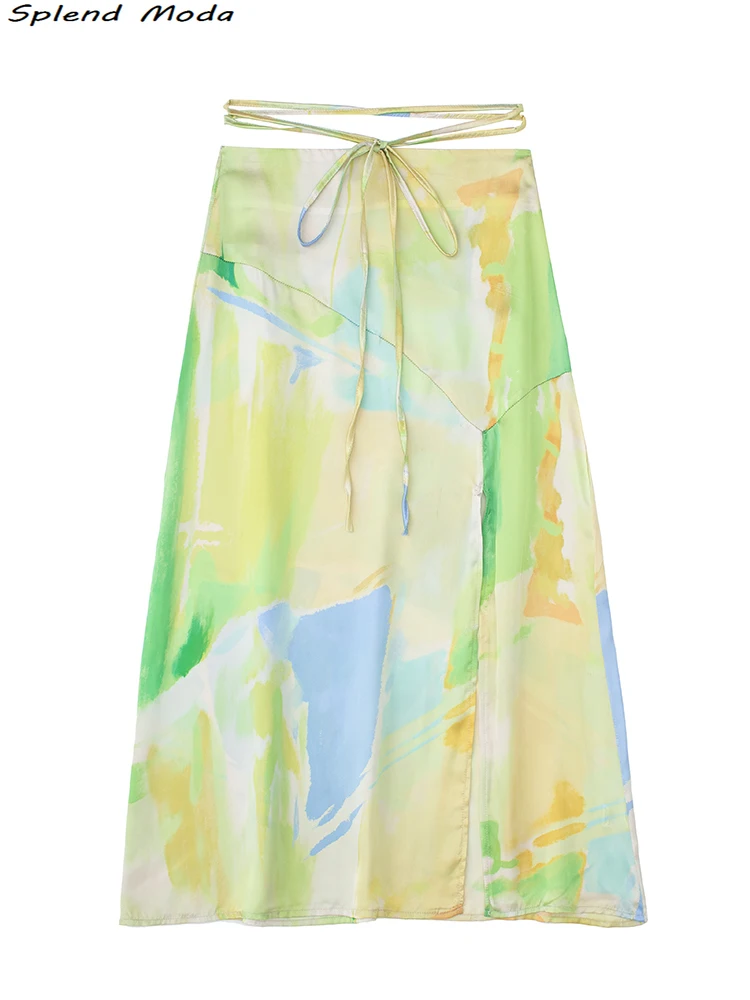 

2022 Za Women Summer Fashion Sweet Chic Tie Dye Print Midi Skirt Young Style A-Line Split Zipper Skirts Female Chic Faldas