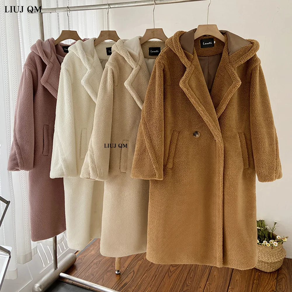 Plus size Long Hooded Teddy Jacket Wool Coat Women Winter 2022 Trendy Female Warm Overcoat Vintage Casual Loose Faux Fur Coats