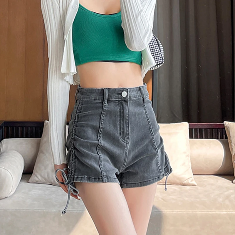 Fashion Lace-Up Denim Shorts Women's Casual High Waist Drawstring Woman Shorts Summer Simple Solid A-Line Pants Ladies 2023 New