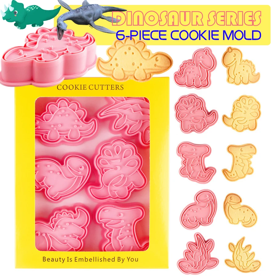 

6Pcs/Set Dinosaur Shape Cartoon Cookie Cutters Plastic Mold DIY Pressable Biscuit Press Mould Stamp Kitchen Baking Pastry Tools
