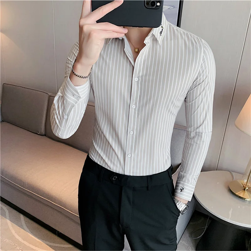 2021 Embroidery Striped Shirts Men Long Sleeve Slim Casual Shirt Fashion Business Formal Dress Shirt Office Social Male Clothing