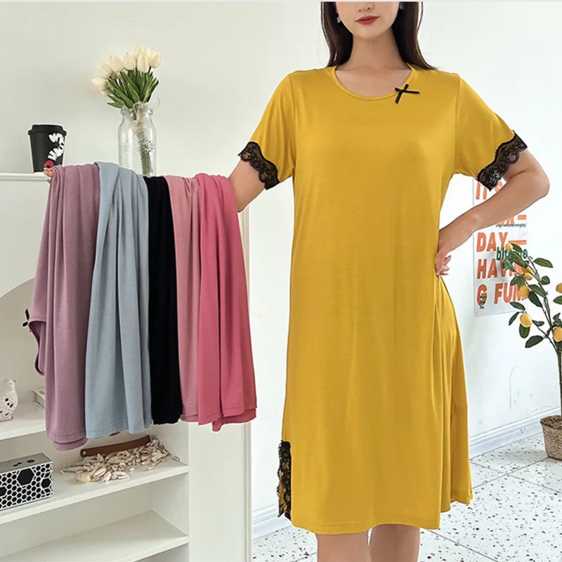 Modal Sleeping Nightshirt Women Spring Summer Nightgowns New Large Size Lace Night Dress Casual Loose Female Nightwear Dresses