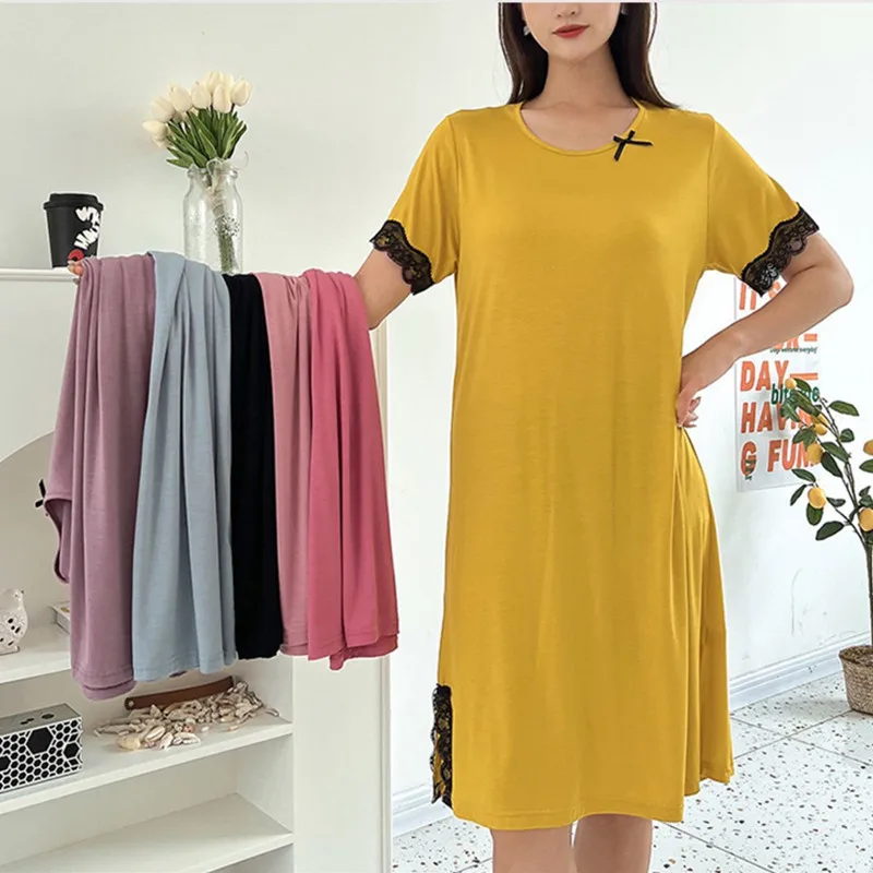

Modal Sleeping Nightshirt Women Spring Summer Nightgowns New Large Size Lace Night Dress Casual Loose Female Nightwear Dresses