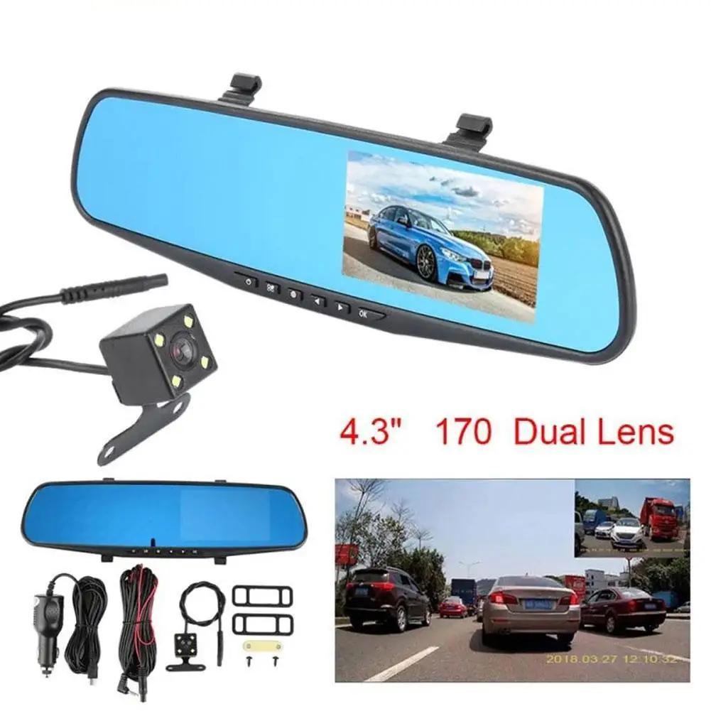 4.3" 170° Car Driving Recorder LCD Display Ultra Wide Angle Front Rear Camera Rear View Mirror Dual Lens Driving Recorder
