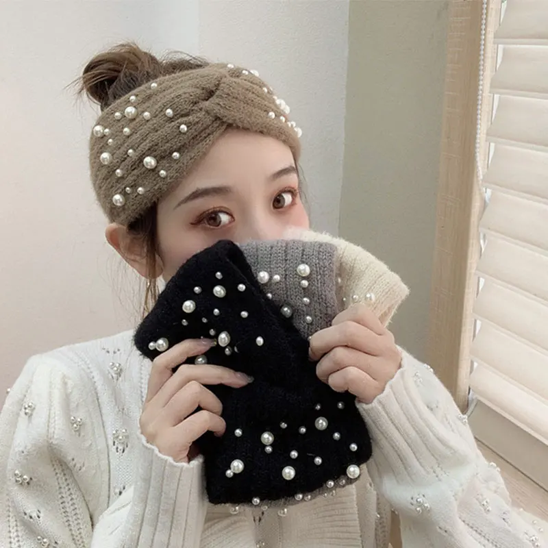 

Ear Warmer Elastic Hair Band Knitting Wide Hairband Pearl Knitted Cross Headbands Fashion Warm Soft Handmade Hair Accessories