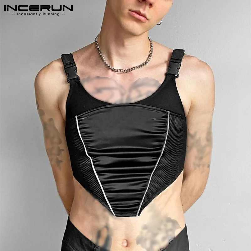 

2022 мужские майки, сетчатые Лоскутные пикантные жилеты без рукавов с круглым вырезом, уличная одежда, облегающие стильные нестандартные Кор...