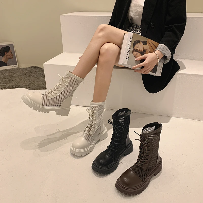 

Short Boots Women's Shoes Spring and Autumn 2022 New Fashion Retro Slim Thick Heel Non-slip Breathable Mesh Boots